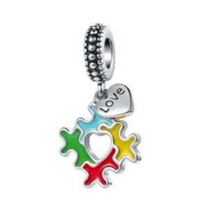 DWJSu Heart Autism Charms fit Pandora Bracelet and Necklace Awareness Puzzle Piece Enamel Love ASD Dangle Bead Charm