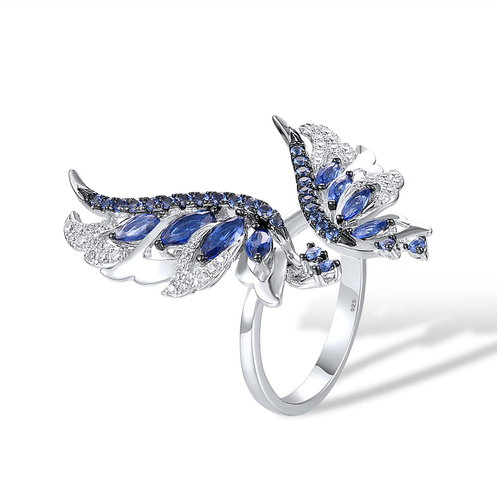 Santuzza 925 Sterling Silver Blue Wings Ring Blue Nano Cubic Zirconia Angel Wing Ring for Women (8)