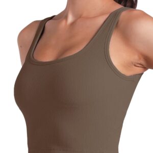 FelFory Longline Sports Bra Tank Top Bra Top for Women Seamless Sports Bra Workout Tops Padded Crop Top Fitness Yoga Tank Ribbed Sports Bra Cacao Medium