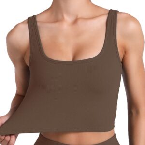 FelFory Longline Sports Bra Tank Top Bra Top for Women Seamless Sports Bra Workout Tops Padded Crop Top Fitness Yoga Tank Ribbed Sports Bra Cacao Medium