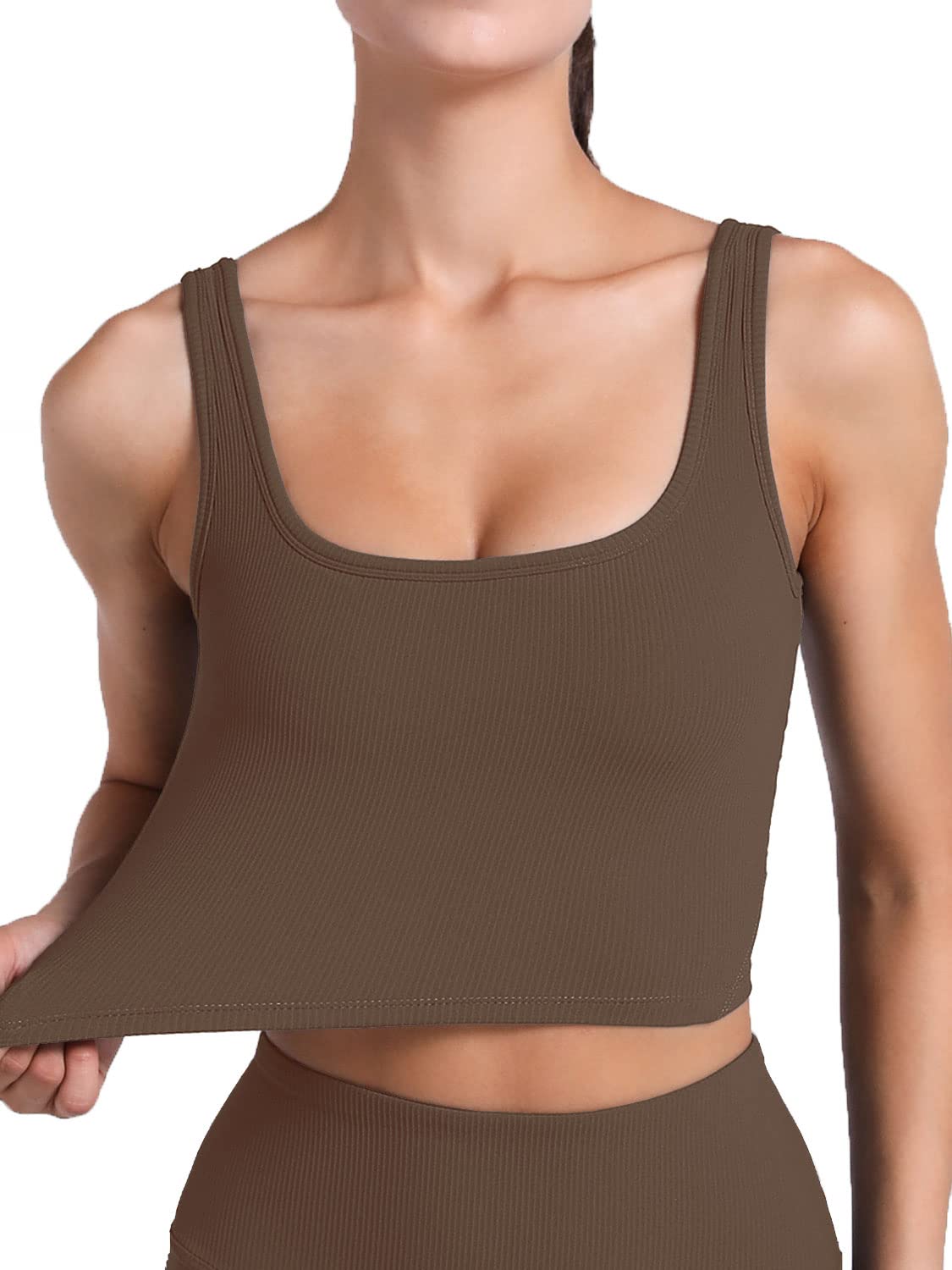 FelFory Longline Sports Bra Tank Top Bra Top for Women Seamless Sports Bra Workout Tops Padded Crop Top Fitness Yoga Tank Ribbed Sports Bra Cacao Medium