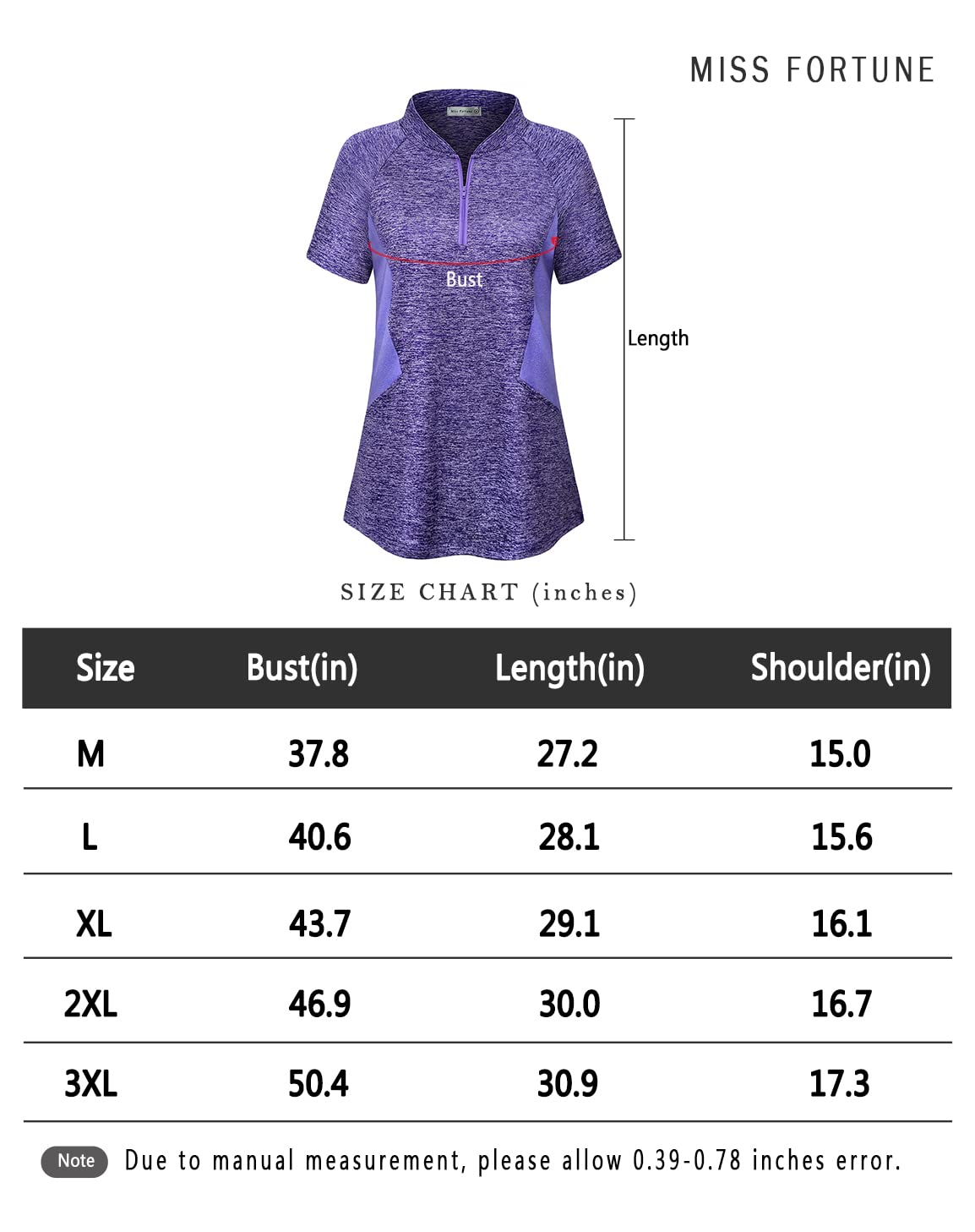 MISS FORTUNE Exercise Clothes Short Sleeve for Womens, Plus Size Sports Tops in Hiking Running Gym Tennis Golf Shirt Sport