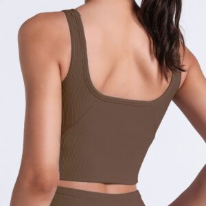 FelFory Longline Sports Bra Tank Top Bra Top for Women Seamless Sports Bra Workout Tops Padded Crop Top Fitness Yoga Tank Ribbed Sports Bra Cacao Medium