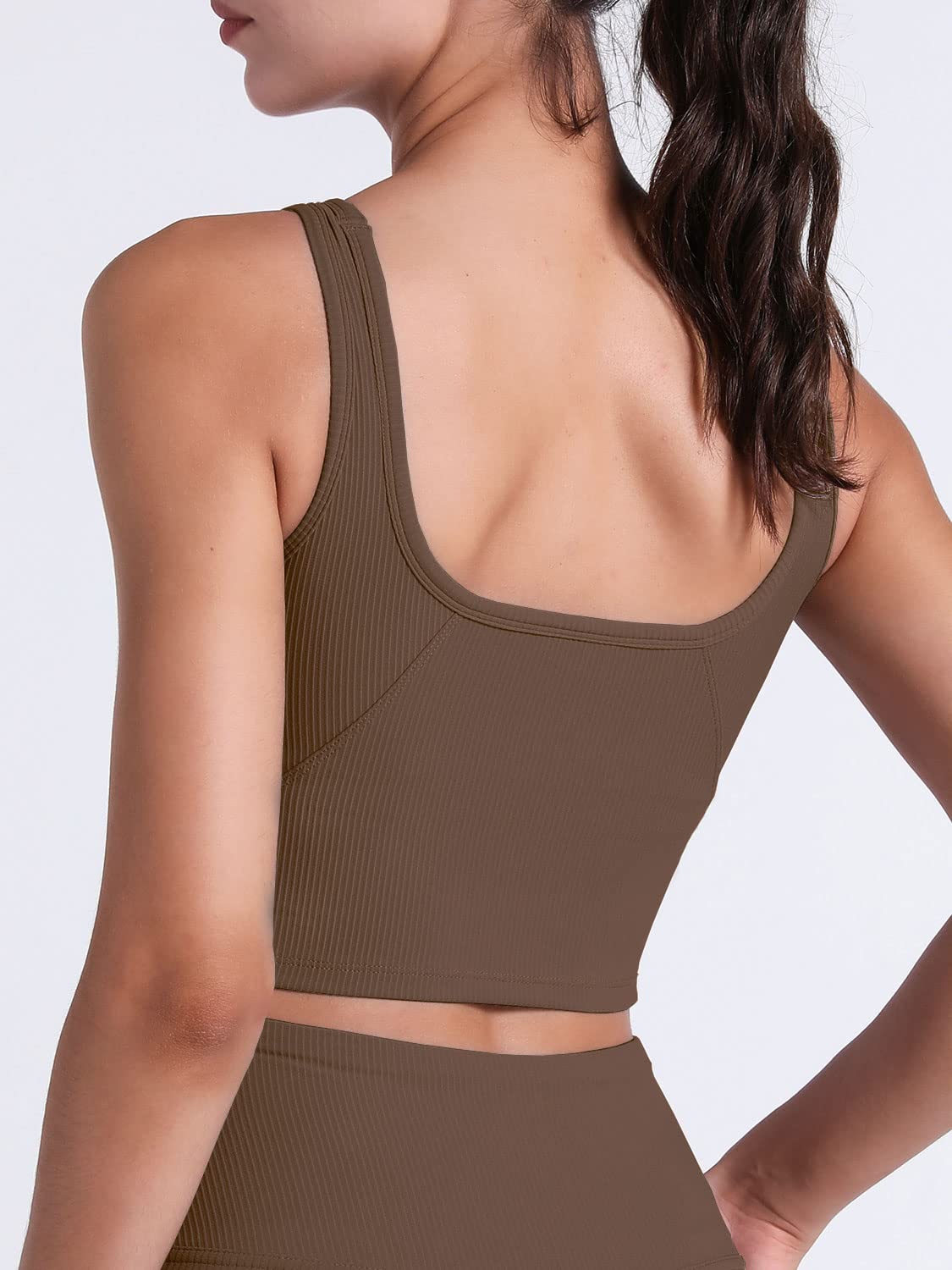 FelFory Longline Sports Bra Tank Top Bra Top for Women Seamless Sports Bra Workout Tops Padded Crop Top Fitness Yoga Tank Ribbed Sports Bra Cacao Medium