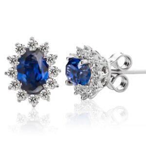 925 sterling silver with 1.5 carats created sapphire ruby amethyst aquamarine stud earrings princess diana halo style for anniversary wedding birthday(royal blue sapphire)