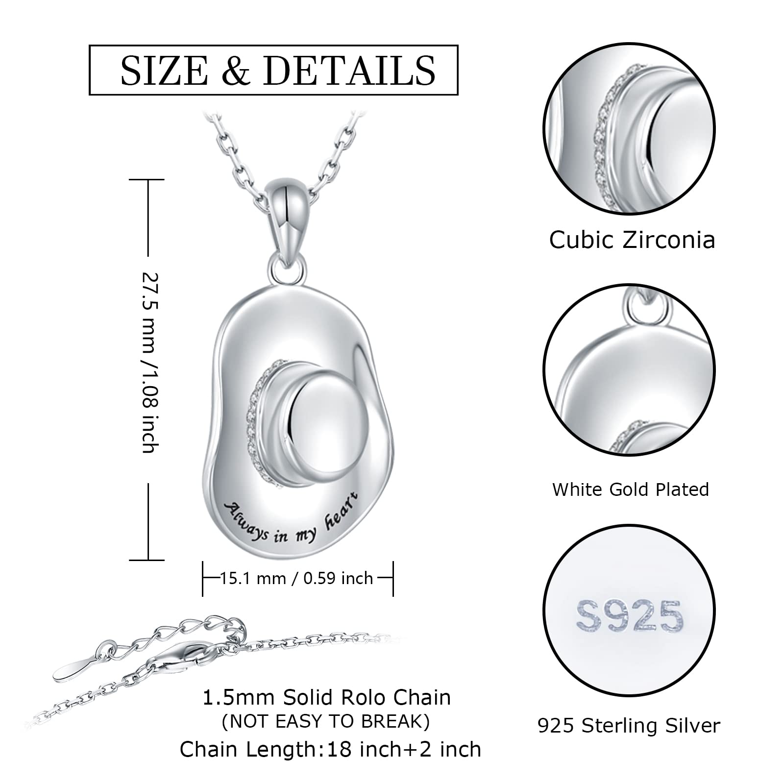 Cowboy Hat Urn Necklaces for Ashes,925 Sterling Silver Cowboy Hat Memorial Cremation Pendant Urn Necklace for Women, Sterling Silver, No Gemstone