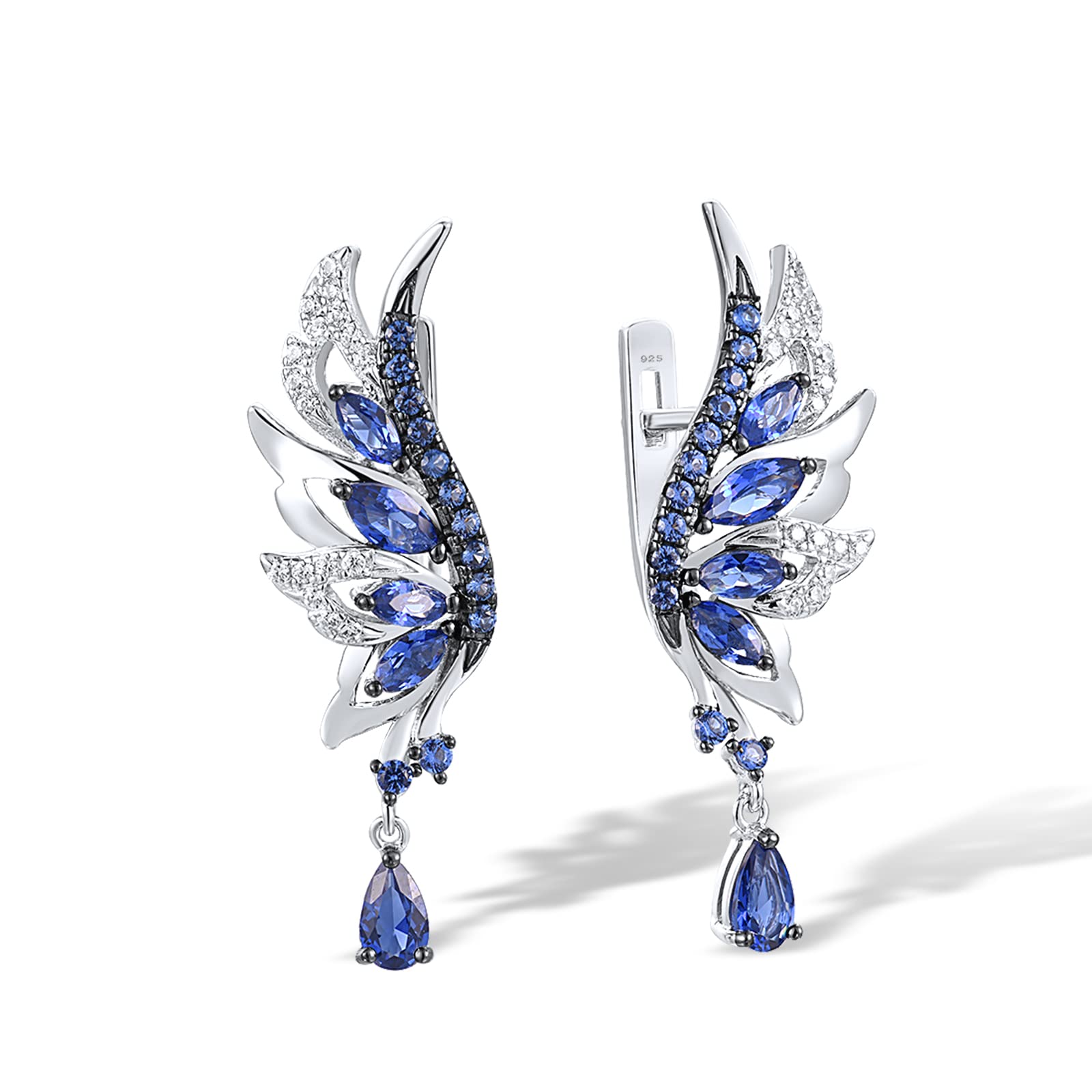 Santuzza 925 Sterling Silver Blue Wings Earrings Blue Nano Cubic Zirconia Angel Wing Dangle Earrings for Women