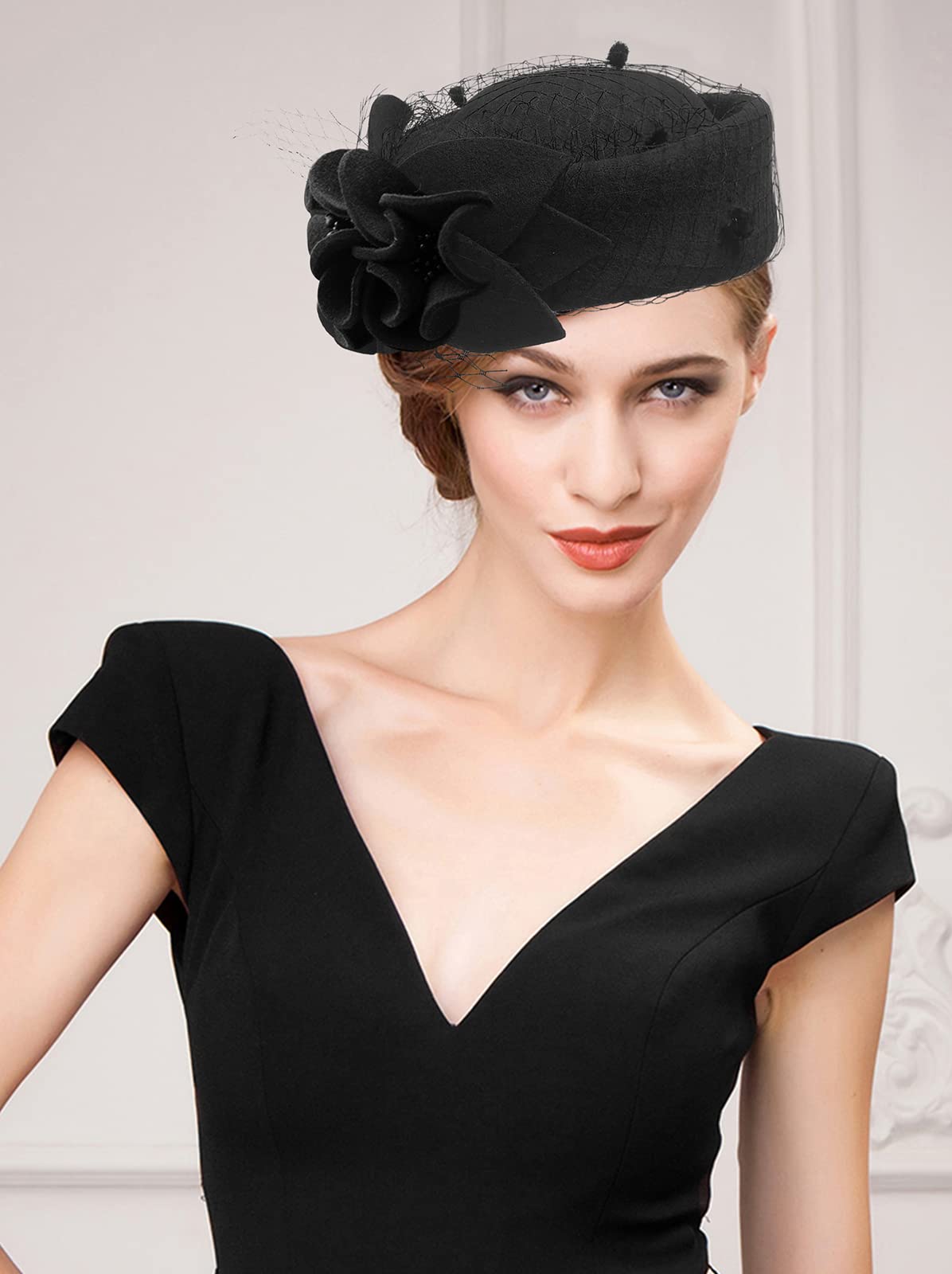 Z&X Wool Felt Veil Fascinator Pillbox Hats for Women Winter Tea Party Church Derby Hat Flower Beret Fedoras Black, One Size