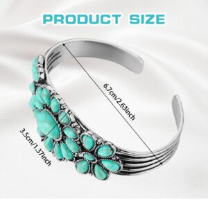 Bonuci Turquoise Bracelet Women Western Style Jewelry Turquoise Cuff Bracelet Adjustable Cluster Flower Silver Bracelet Turquoise Stone Bracelet for Women Retro Party(Green)