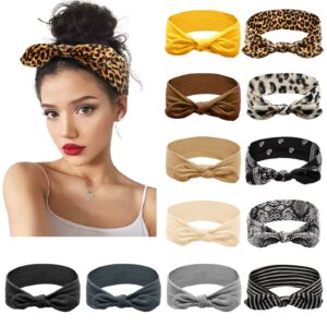 huachi 12 pack bow headbands for women elastic headwraps hair band knotted headband rabbit ears turban fashion sport cute hair accessories