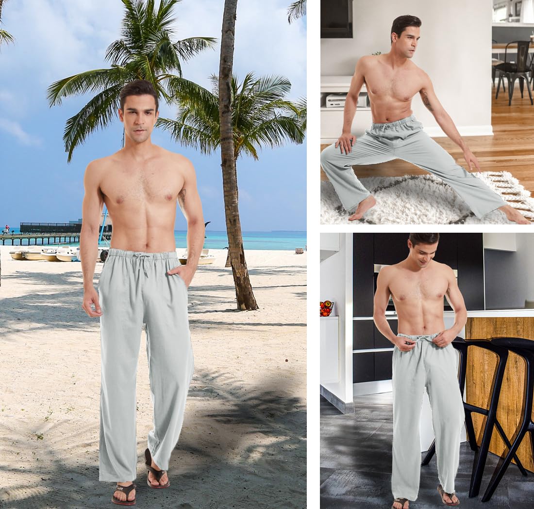 YuKaiChen Men's Linen Pants Yoga Sweatpants Beach Trousers Soft Casual Pants Light Grey Large