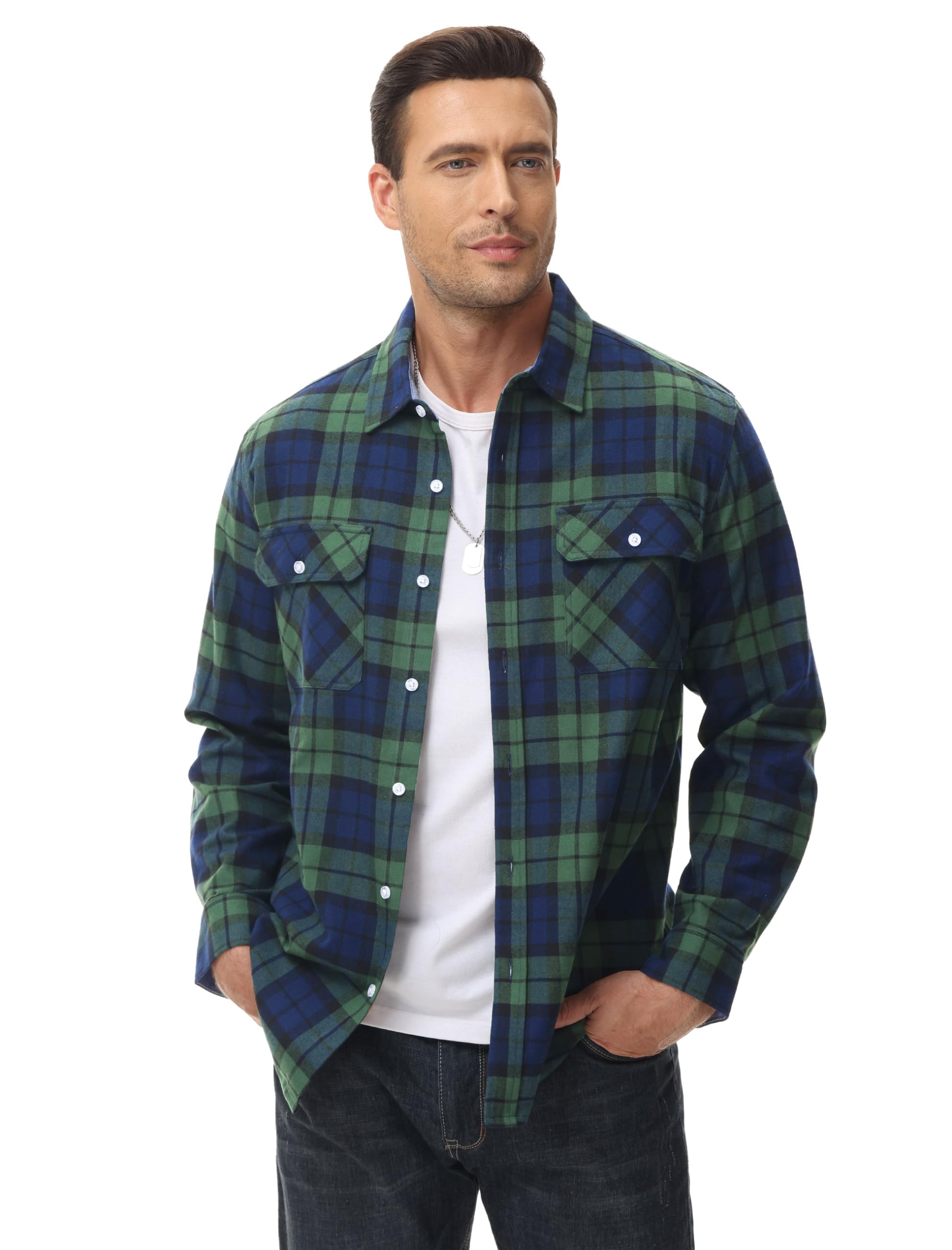 MAGCOMSEN Men's Long Sleeve Shirt Button Up Flannel Plaid Shirts Casual Work Shirts Spring Fall Shirts Green,2XL