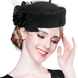 Z&X Wool Felt Veil Fascinator Pillbox Hats for Women Winter Tea Party Church Derby Hat Flower Beret Fedoras Black, One Size