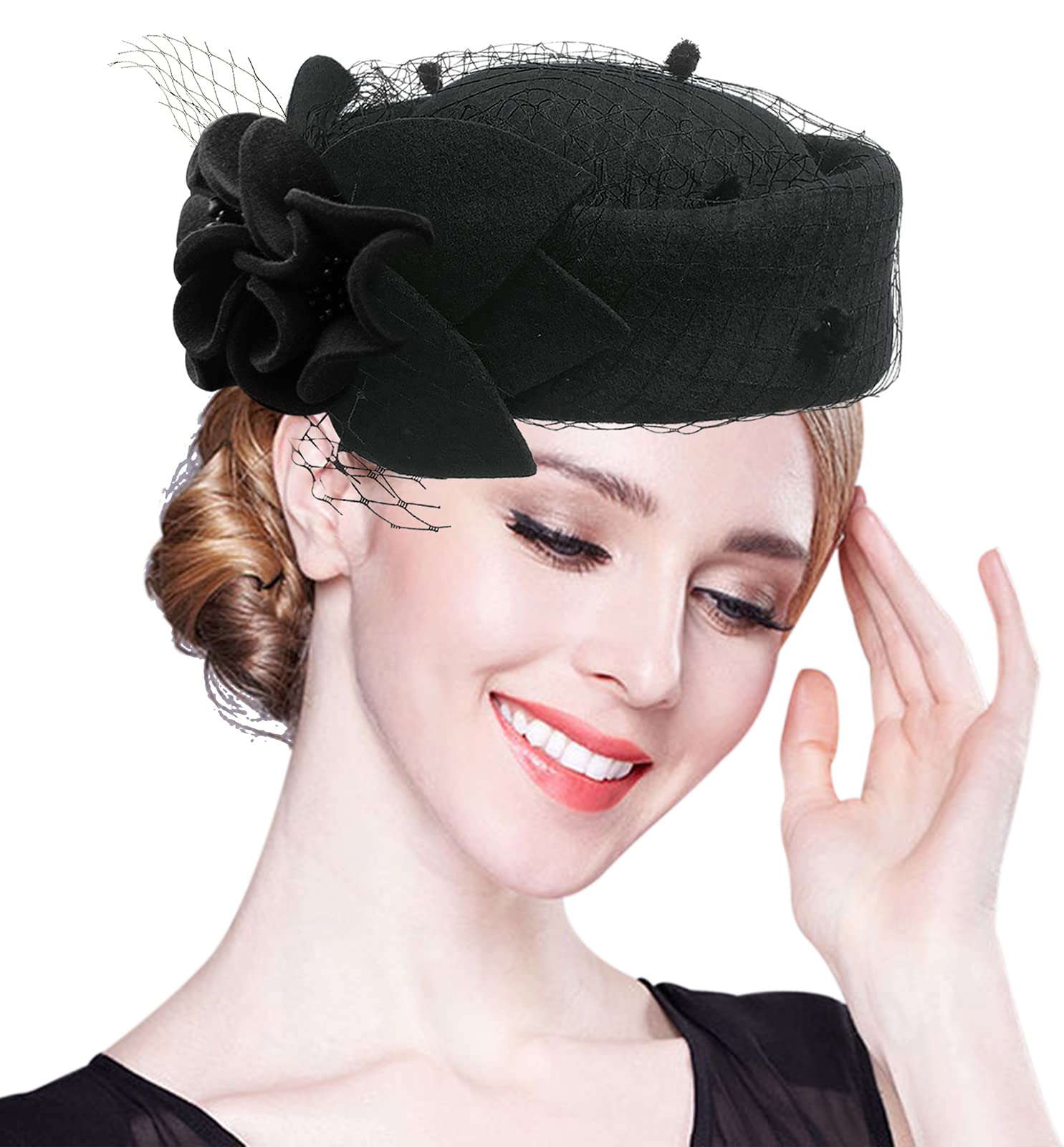 Z&X Wool Felt Veil Fascinator Pillbox Hats for Women Winter Tea Party Church Derby Hat Flower Beret Fedoras Black, One Size