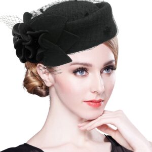 Z&X Wool Felt Veil Fascinator Pillbox Hats for Women Winter Tea Party Church Derby Hat Flower Beret Fedoras Black, One Size