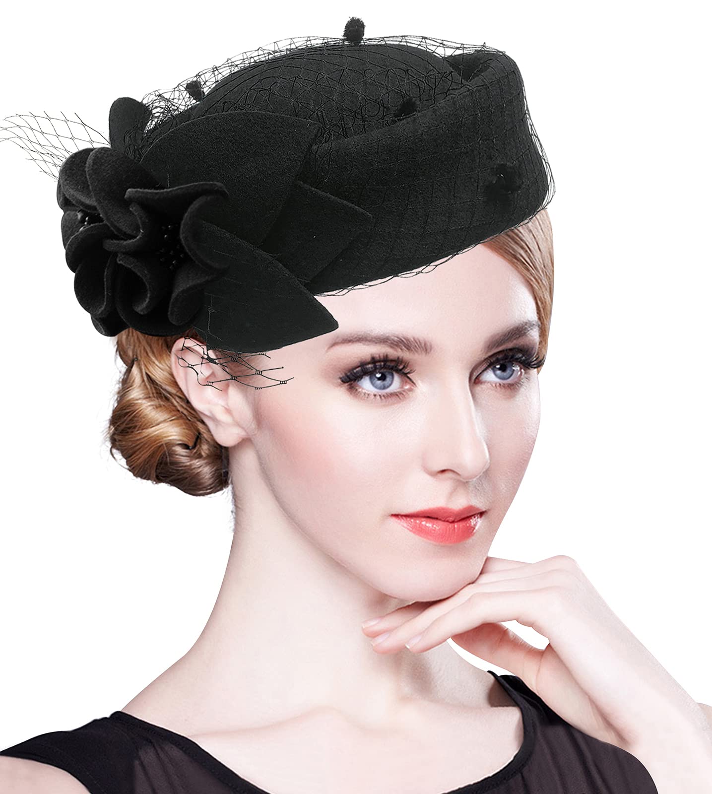 Z&X Wool Felt Veil Fascinator Pillbox Hats for Women Winter Tea Party Church Derby Hat Flower Beret Fedoras Black, One Size