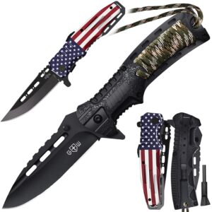 Grand Way Bundle of 2 Items - Pocket Folding Knife - Military Style - Pocket Knives - Tactical Knife - Best EDC Survival Hiking Hunting Camping Knife - Knife with Firestarter and Whistle