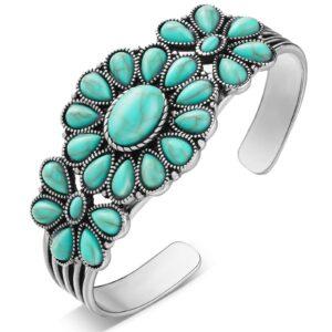 Bonuci Turquoise Bracelet Women Western Style Jewelry Turquoise Cuff Bracelet Adjustable Cluster Flower Silver Bracelet Turquoise Stone Bracelet for Women Retro Party(Green)