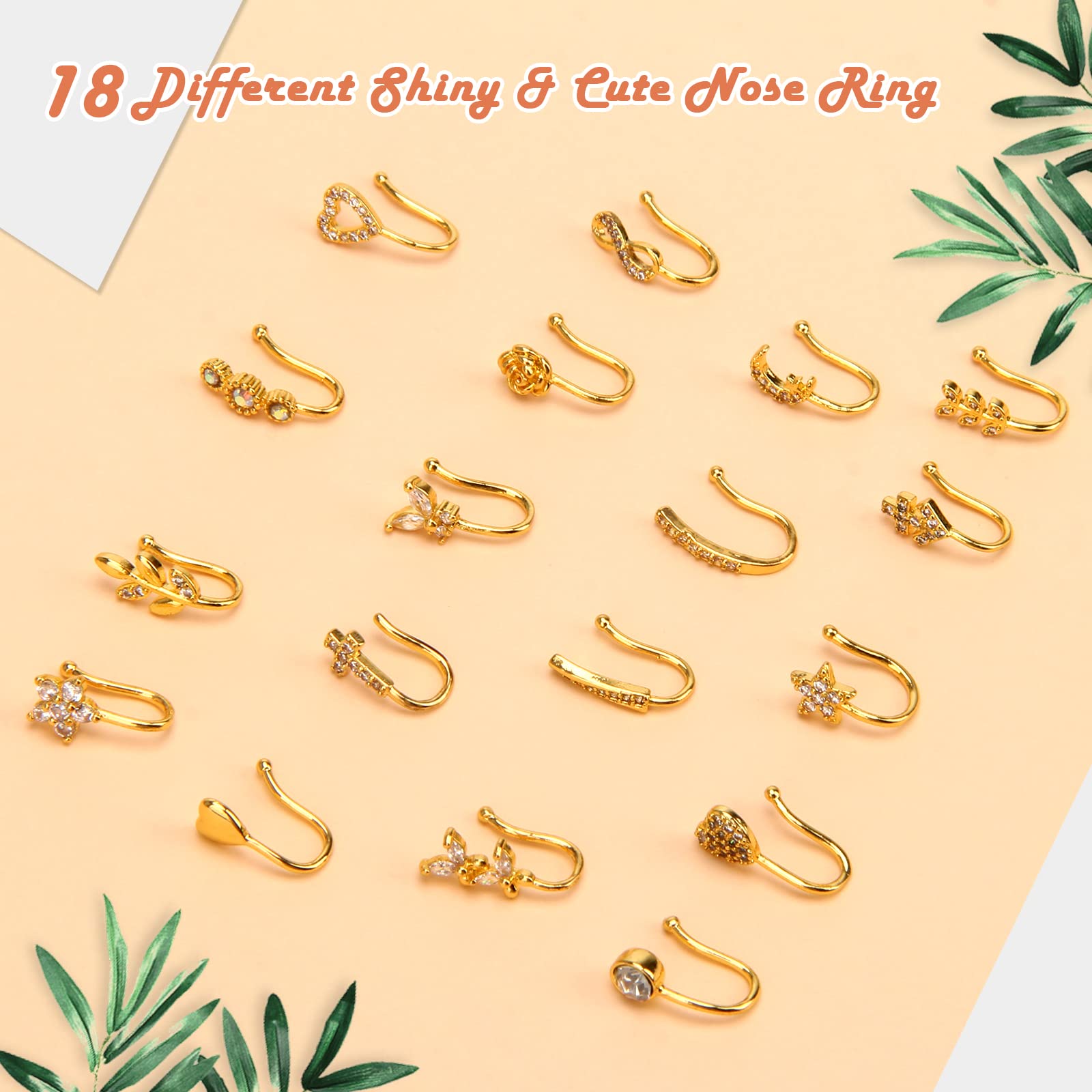 CrazyPiercing 18Pcs Fake Nose Ring CZ African Nose Cuffs Gold Faux Septum Nose Rings Clip on Nose Jewelry for Woman Non Pierced Jewelry(18P)