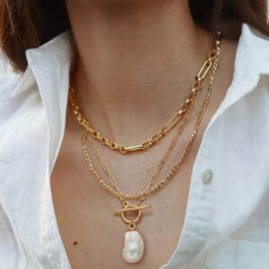 SOFYBJA 18K Gold Plated Paperclip Link Chain Necklace Baroque Pearl Pendant Necklace Dainty Handmade Stacked Jewelry for Women