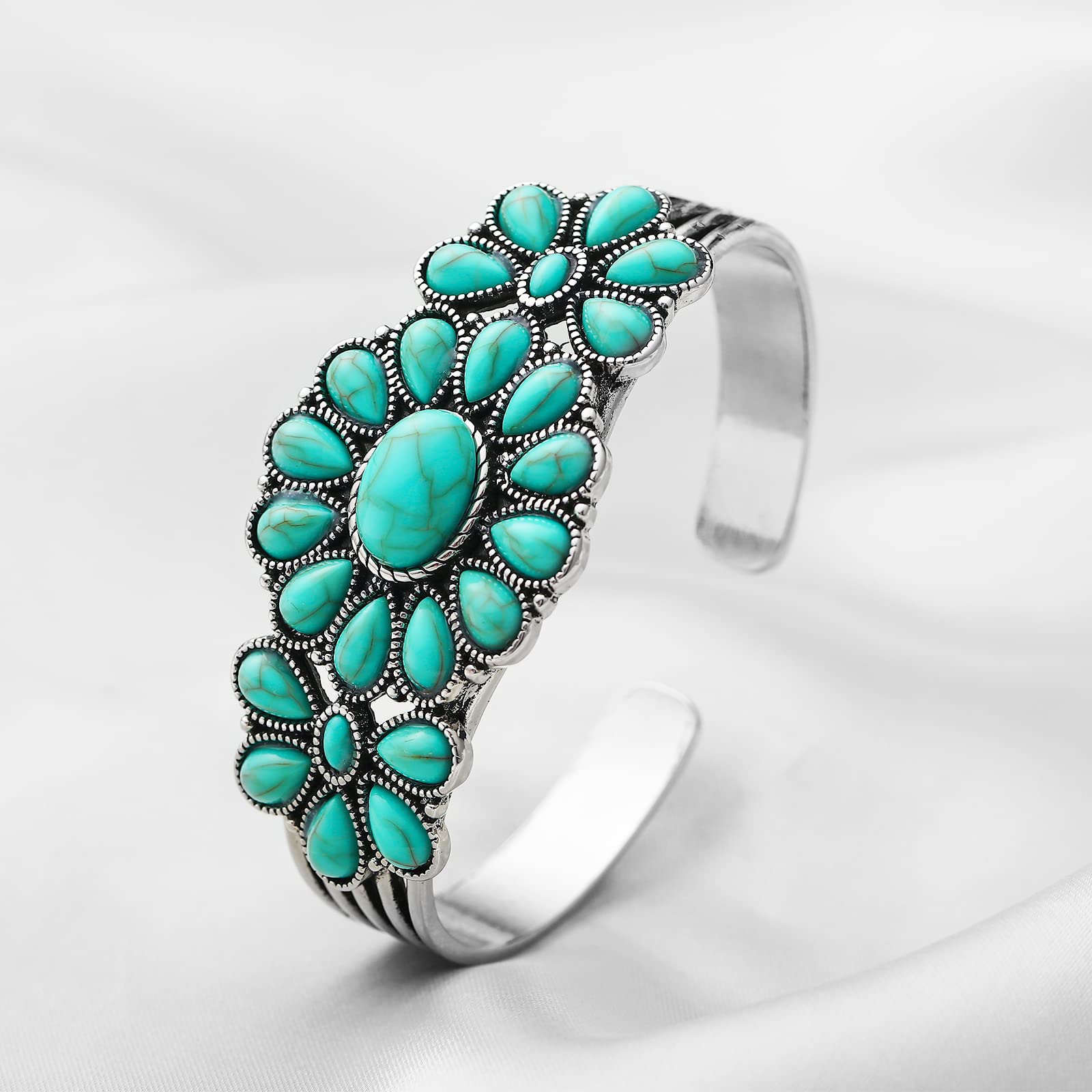 Bonuci Turquoise Bracelet Women Western Style Jewelry Turquoise Cuff Bracelet Adjustable Cluster Flower Silver Bracelet Turquoise Stone Bracelet for Women Retro Party(Green)