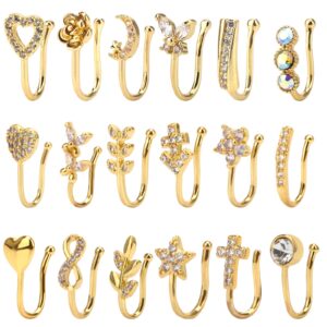 crazypiercing 18pcs fake nose ring cz african nose cuffs gold faux septum nose rings clip on nose jewelry for woman non pierced jewelry(18p)