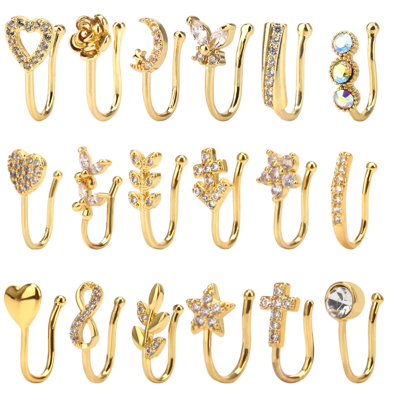 CrazyPiercing 18Pcs Fake Nose Ring CZ African Nose Cuffs Gold Faux Septum Nose Rings Clip on Nose Jewelry for Woman Non Pierced Jewelry(18P)