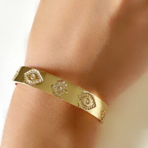 LESLIE BOULES Evil Eye & Hamsa Hand Cuff Bracelet For Women 18K Gold Plated Fashion Jewelry