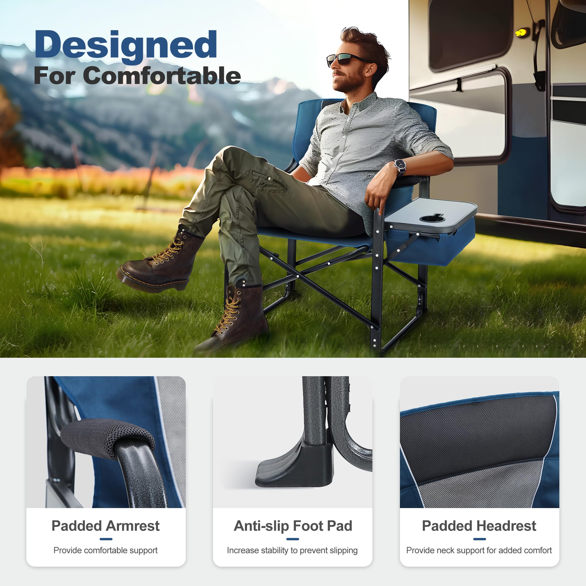 LET'S CAMP Oversized Folding Director Chair Outdoor Heavy Duty Camping Chair with Side Table and Cooler Bag for Picnic, Hiking, Fishing, Supports 350LBS