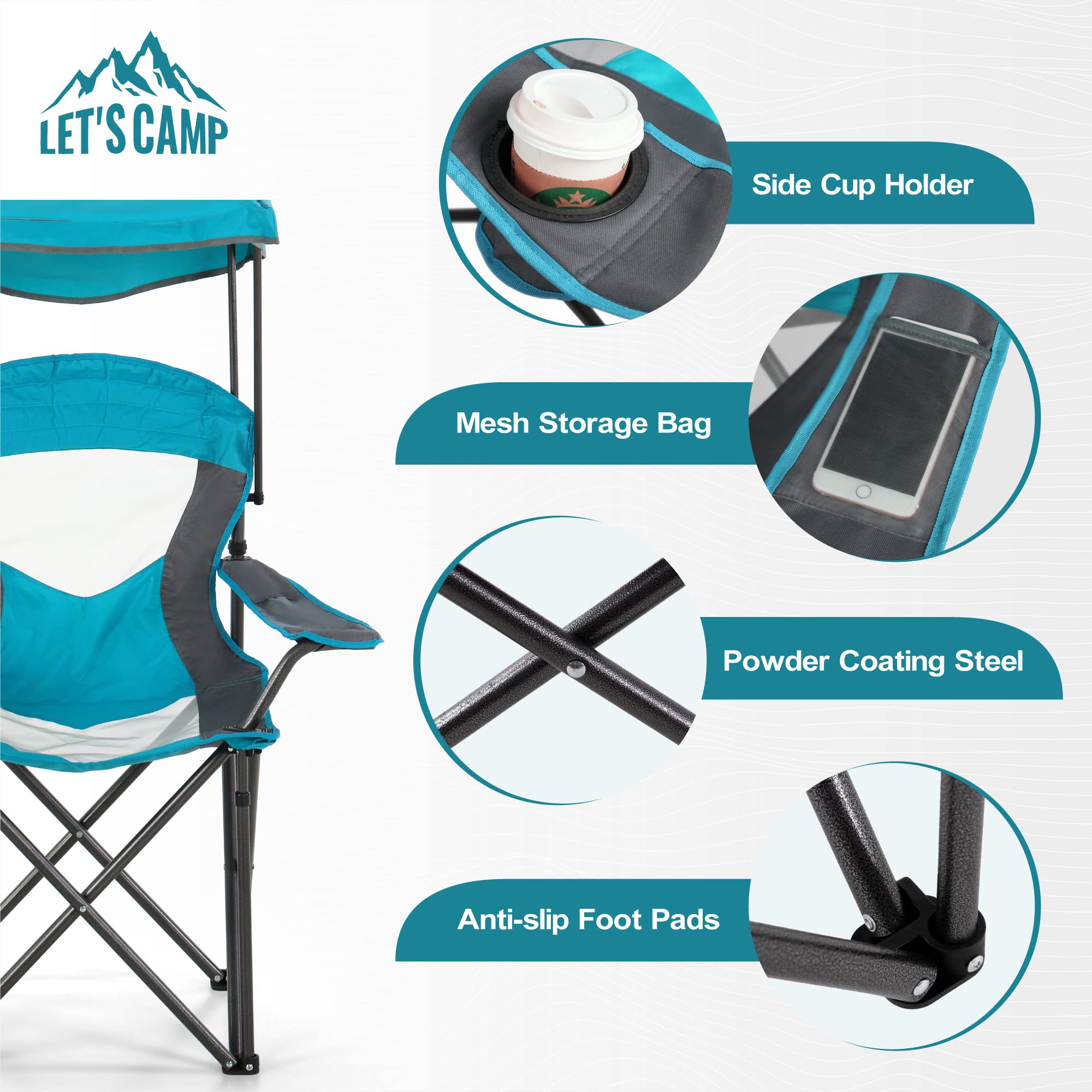 LET'S CAMP Camp Chair with Shade Canopy Folding Camping Chair with Cup Holder and Carry Bag for Outdoor Camping Hiking Beach, Heavy Duty 350 LBS