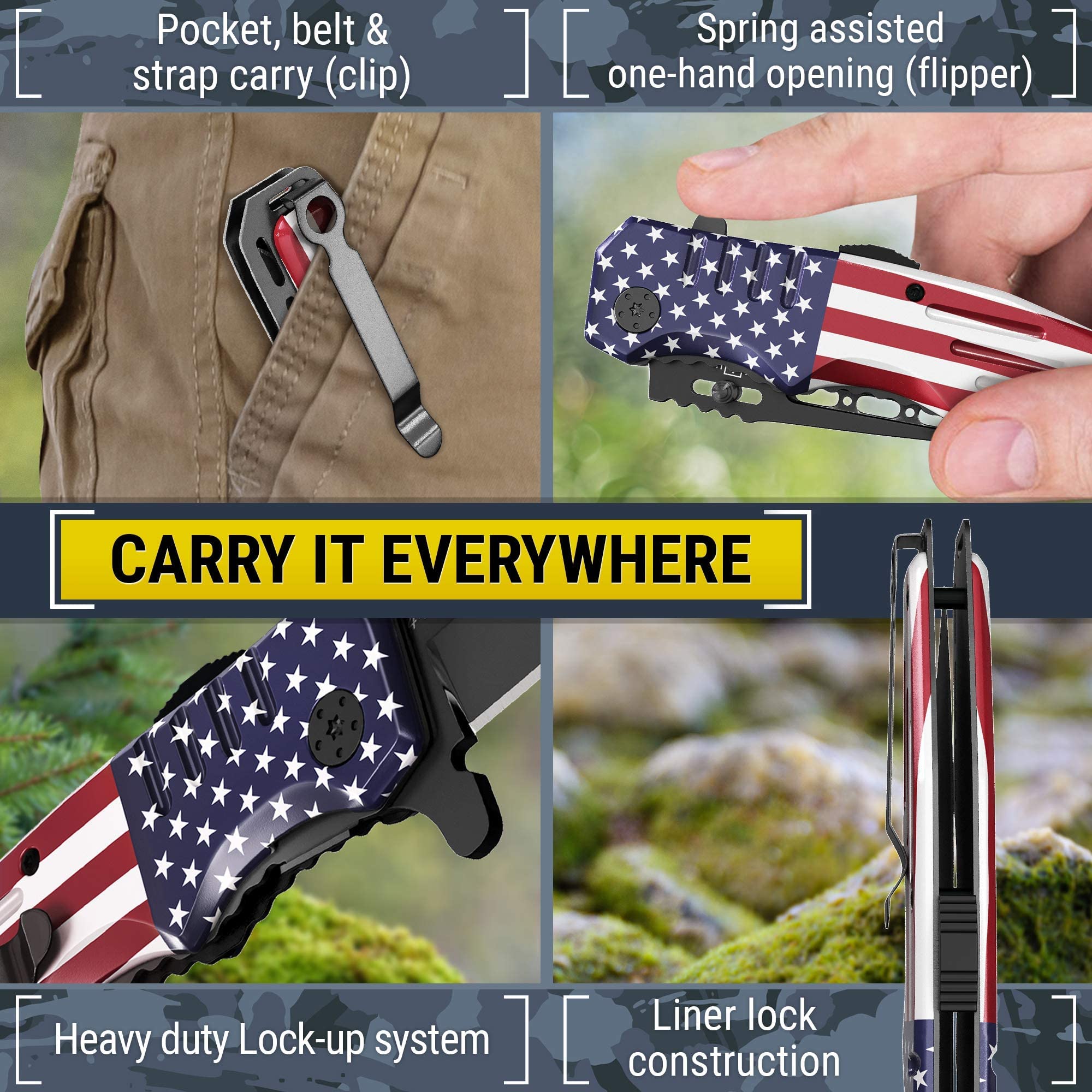 Grand Way Bundle of 2 Items - Pocket Folding Knife - Military Style - Pocket Knives - Tactical Knife - Best EDC Survival Hiking Hunting Camping Knife - Knife with Firestarter and Whistle