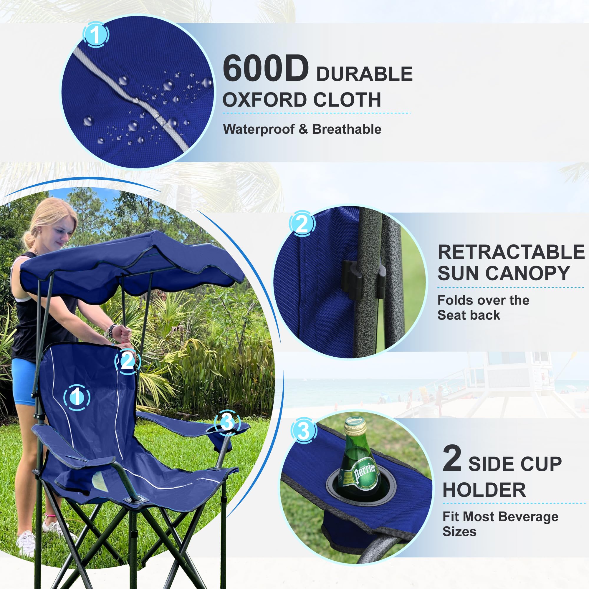 LET'S CAMP Camp Chair with Shade Canopy Folding Camping Recliner Chair with Carry Bag for Outdoor Camping Hiking Beach, Heavy Duty 350 LBS