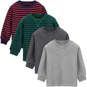 cooraby 4 pack toddler boys' thermal long-sleeve shirts stripe and solid t-shirts cotton long-sleeve shirts for boys