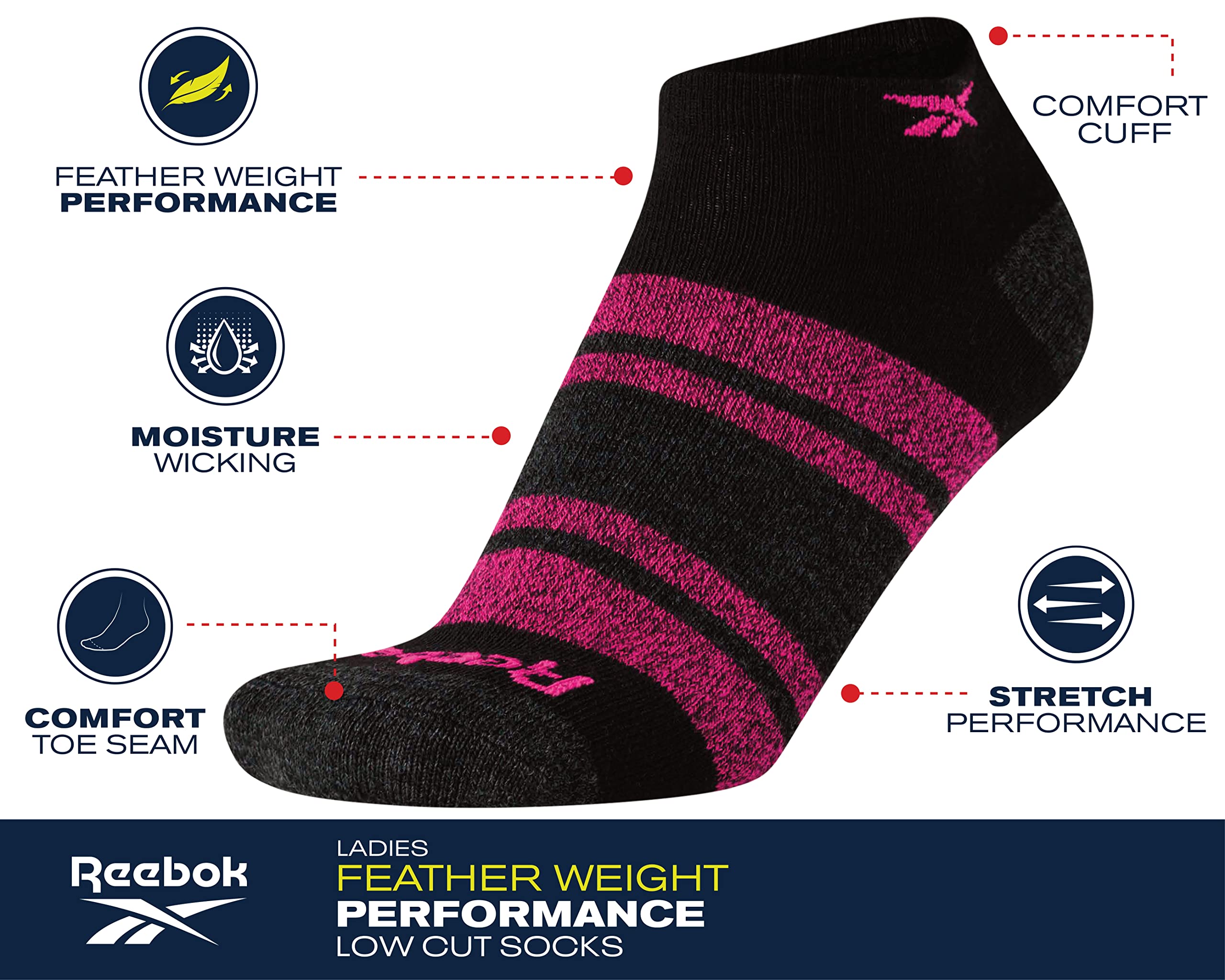 Reebok Women's Athletic Socks - Performance Low Cut Socks (6 Pack), Size 4-10, Black Marl