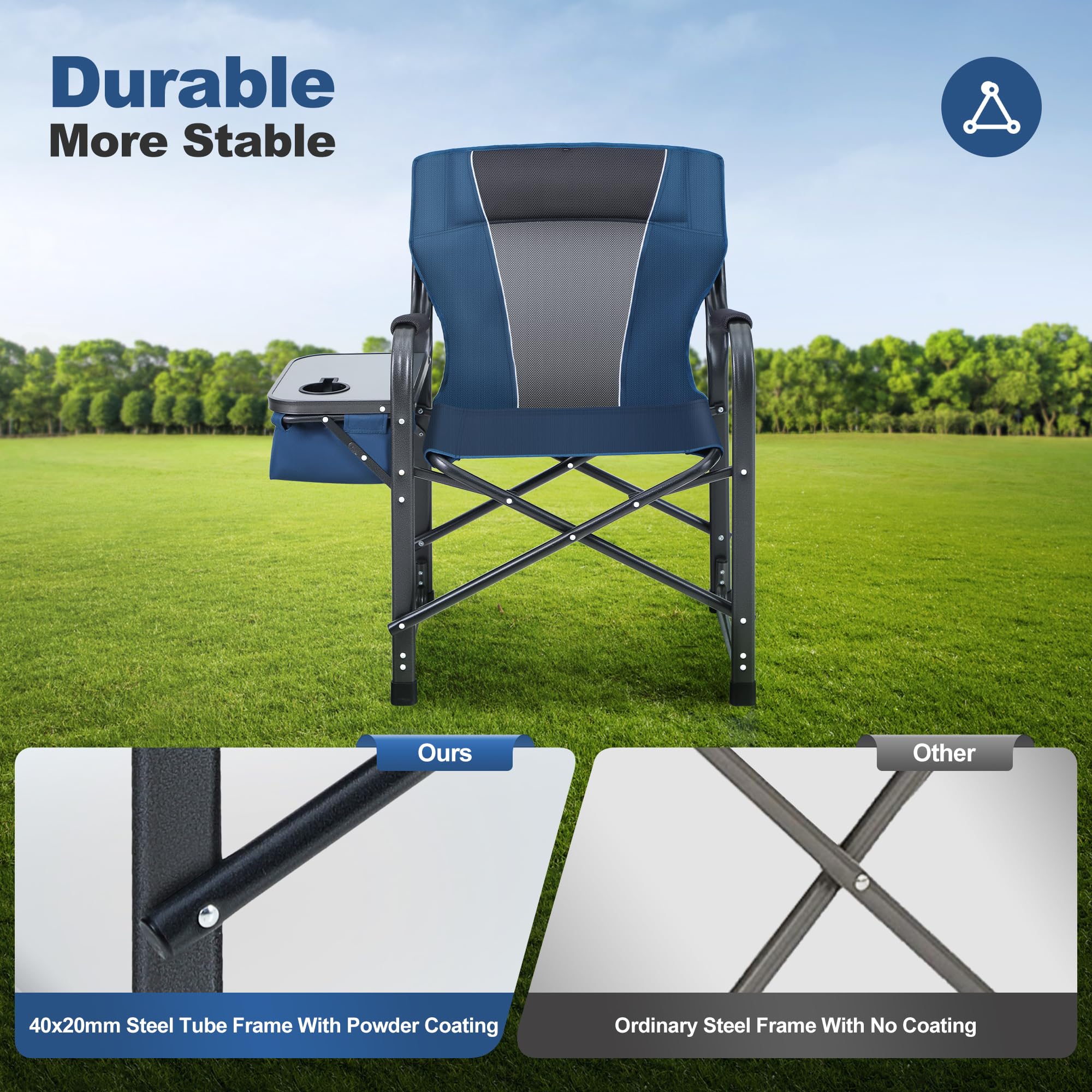 LET'S CAMP Oversized Folding Director Chair Outdoor Heavy Duty Camping Chair with Side Table and Cooler Bag for Picnic, Hiking, Fishing, Supports 350LBS