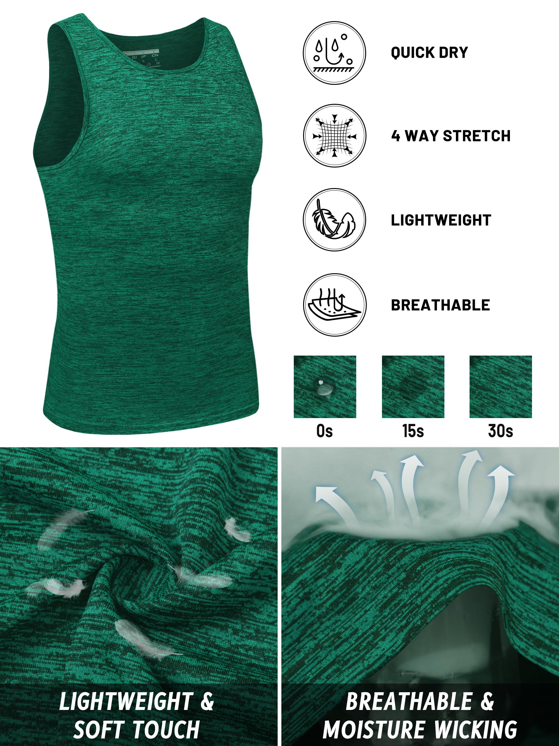 TACVASEN Dry Fit Tank Top Men Loose Fit Sleeveless Muscle T-Shirts Moisture Wicking Gym Workout Tank Top Bodybuilding Shirts Emerald Green L