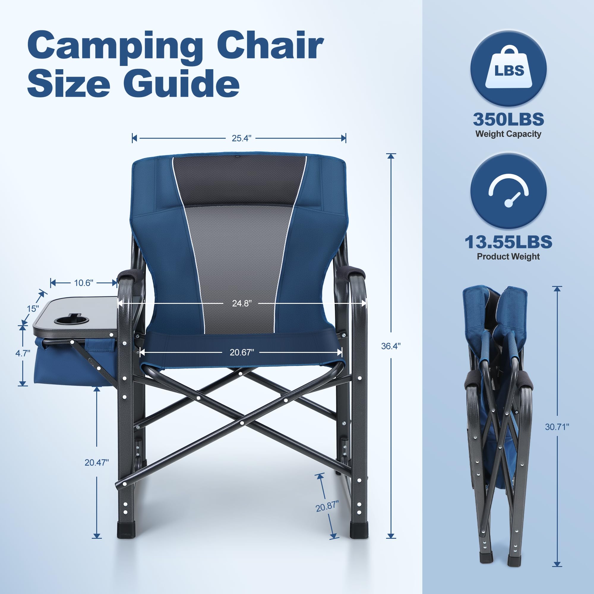 LET'S CAMP Oversized Folding Director Chair Outdoor Heavy Duty Camping Chair with Side Table and Cooler Bag for Picnic, Hiking, Fishing, Supports 350LBS