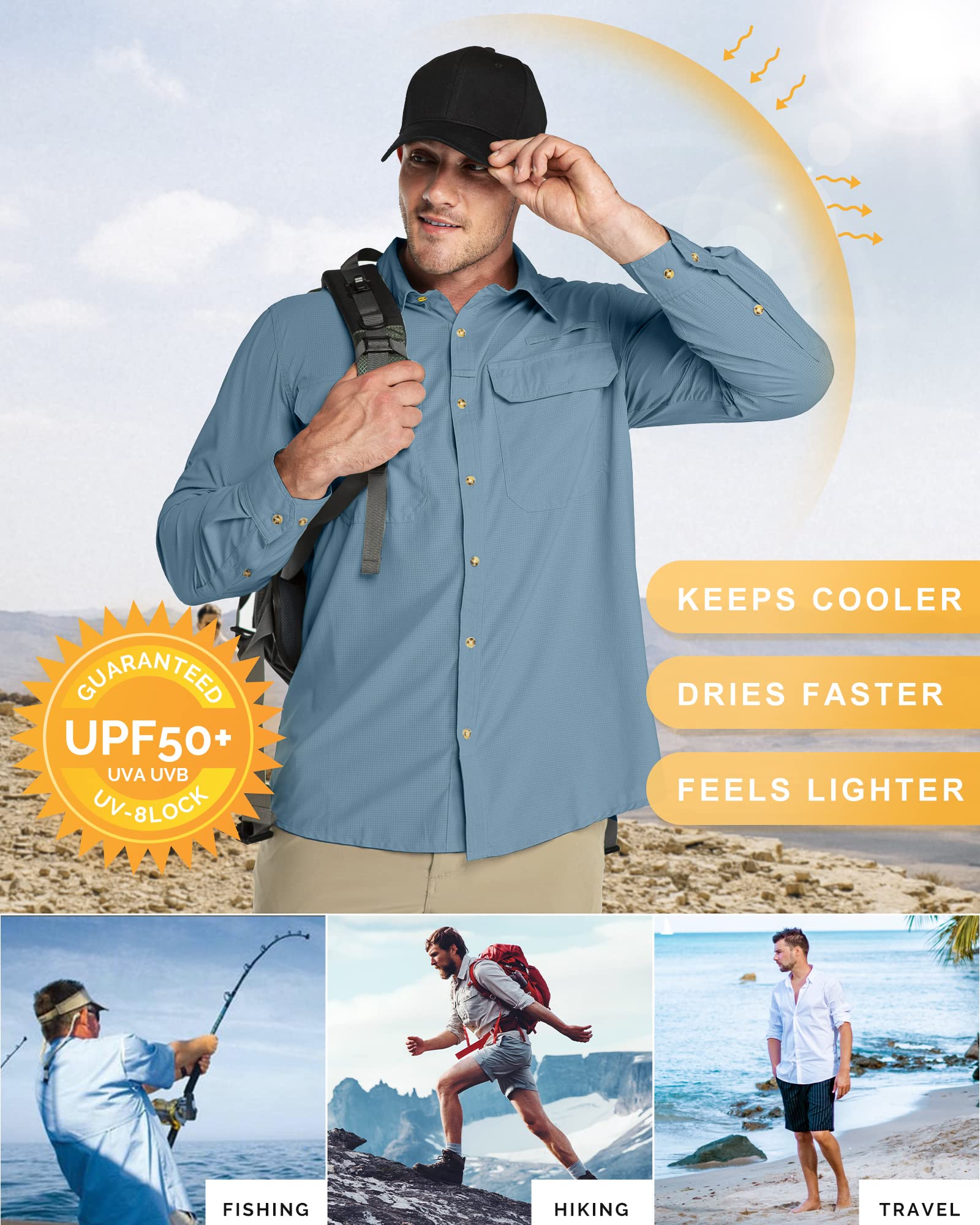 33,000ft Men's Long Sleeve Sun Protection Shirt UPF 50+ UV Quick Dry Cooling Fishing Shirts for Travel Safari Camping Hiking Ocean Blue