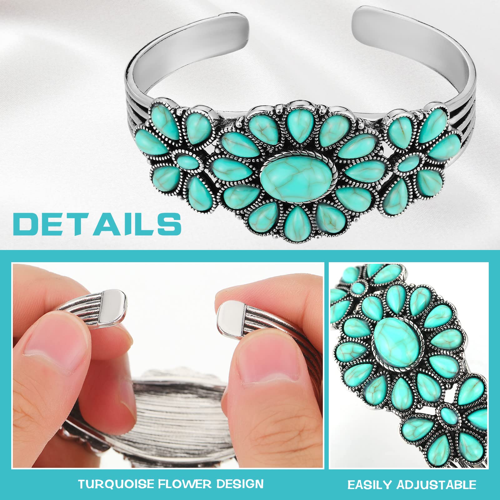 Bonuci Turquoise Bracelet Women Western Style Jewelry Turquoise Cuff Bracelet Adjustable Cluster Flower Silver Bracelet Turquoise Stone Bracelet for Women Retro Party(Green)