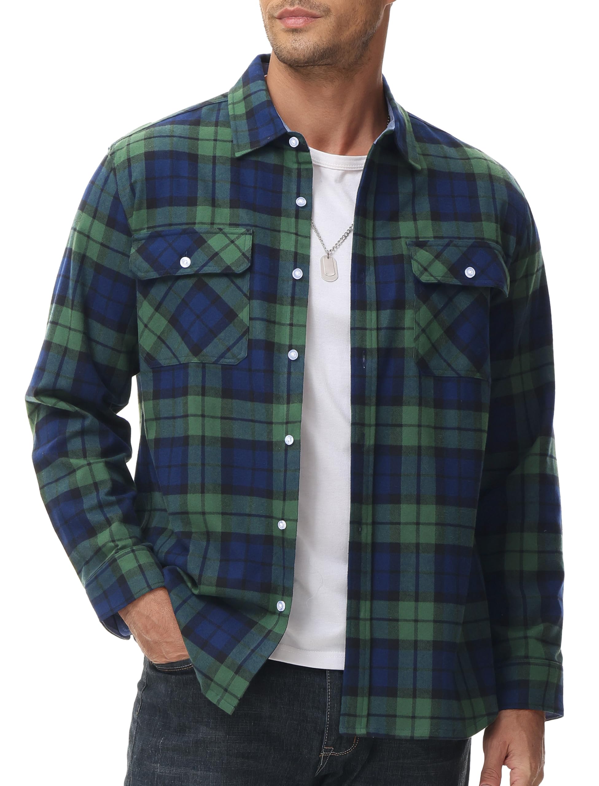 MAGCOMSEN Men's Long Sleeve Shirt Button Up Flannel Plaid Shirts Casual Work Shirts Spring Fall Shirts Green,2XL