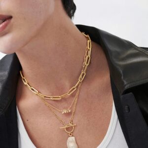 SOFYBJA 18K Gold Plated Paperclip Link Chain Necklace Baroque Pearl Pendant Necklace Dainty Handmade Stacked Jewelry for Women