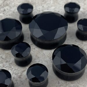 Mystic Metals Body Jewelry Pair of Black Faceted Double Flare Glass Plugs (PG-556) (00g (10mm))