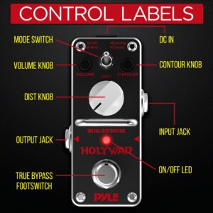 PyleUsa Metal Distortion Guitar Effect Pedal, Mini Digital Analog Effects For Electric Guitar And Bass, True Bypass, Contour, Volume And Dist Knobs, LED Indicator, Includes Adapter