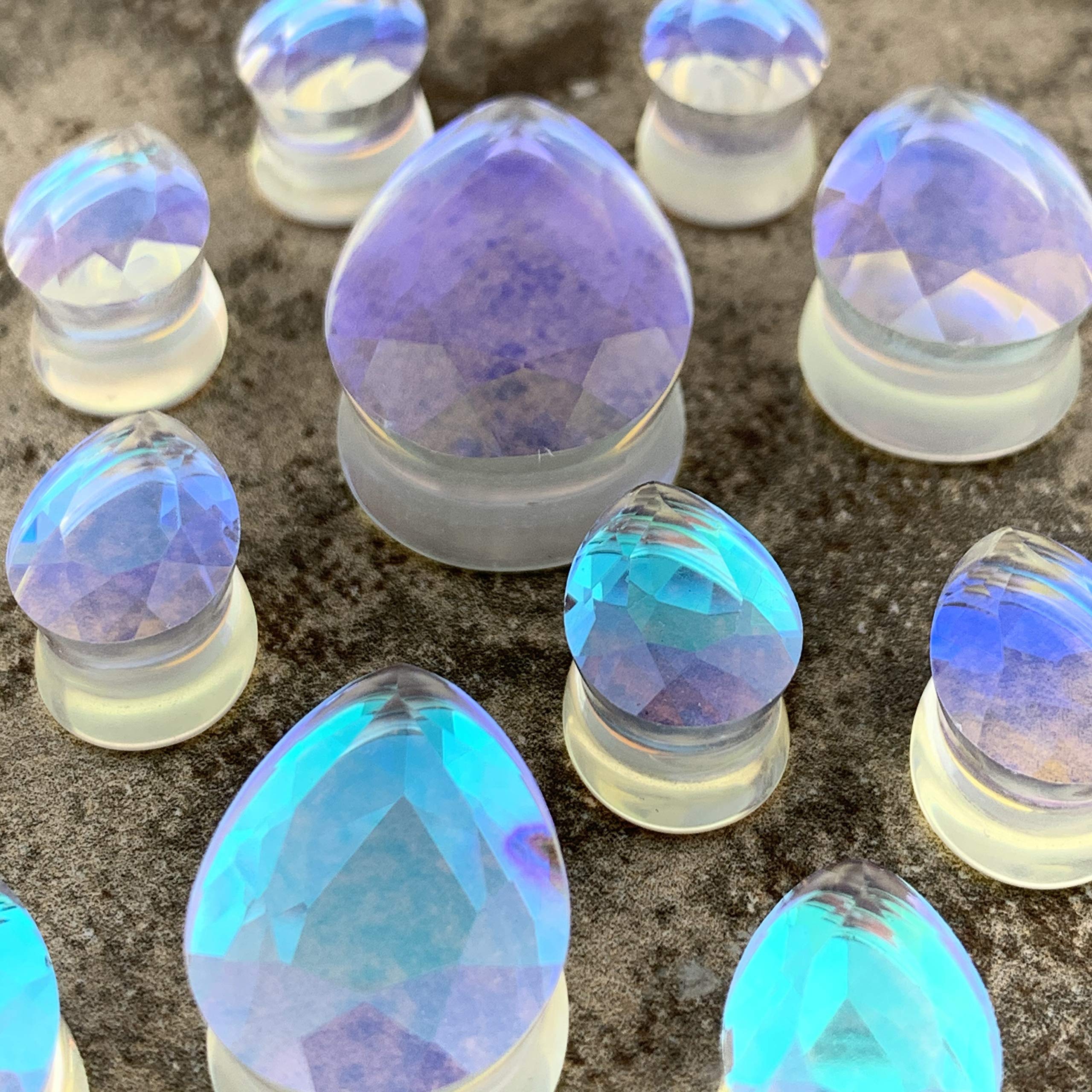 Pair of Aurora Borealis Iridescent Faceted Teardrop Glass Plugs (PG-554) (1/2" (12mm))