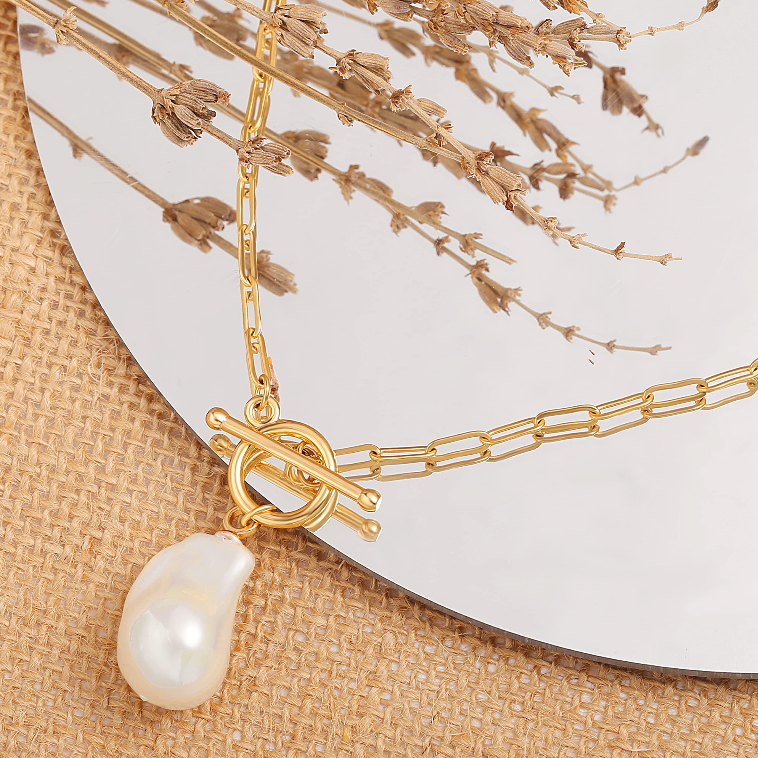 SOFYBJA 18K Gold Plated Paperclip Link Chain Necklace Baroque Pearl Pendant Necklace Dainty Handmade Stacked Jewelry for Women