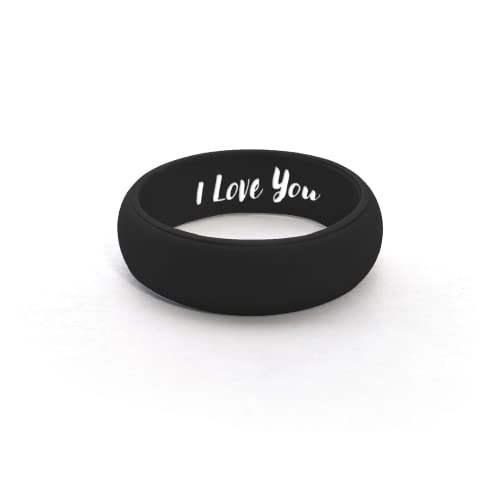 CUSTOM ENGRAVED Womens Silicone Wedding Band Active Athletic Ring - Personalize Any Text, Symbol, Image - SHIPS NEXT DAY (Black, 5.25-6)