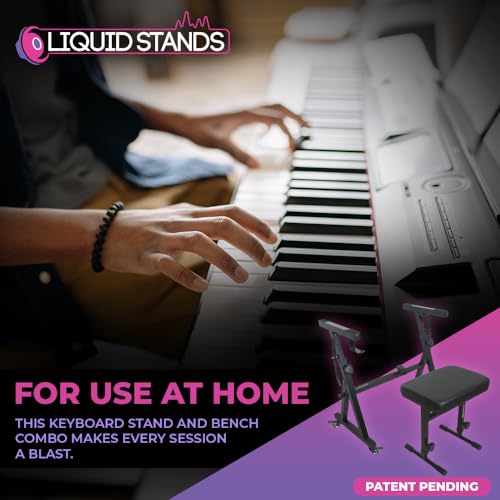 Liquid Stands Piano Keyboard Stand and Bench Set - Portable Heavy Duty Music Stand for 54-88 Key Electric Pianos and Adjustable Piano Bench, Stool - Sturdy Keyboard Music Stand w/ Wheels and Seat