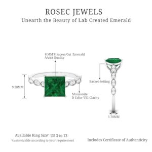 Rosec Jewels Certified Lab Grown Emerald 8mm Princess Cut Engagement Ring, AAAA Quality, Emerald Moissanite Side Stone Ring, 14K White Gold, Size:US 11.00