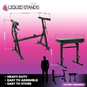 Liquid Stands Piano Keyboard Stand and Bench Set - Portable Heavy Duty Music Stand for 54-88 Key Electric Pianos and Adjustable Piano Bench, Stool - Sturdy Keyboard Music Stand w/ Wheels and Seat