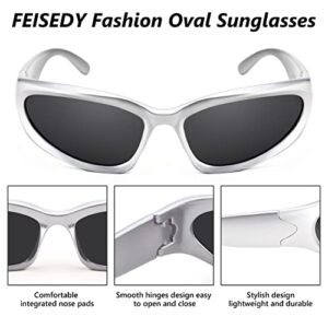 FEISEDY Futuristic Wrap Around Sunglasses Oval Cool Y2K Visor Thick Frame Vintage 90s for Men Women B2951